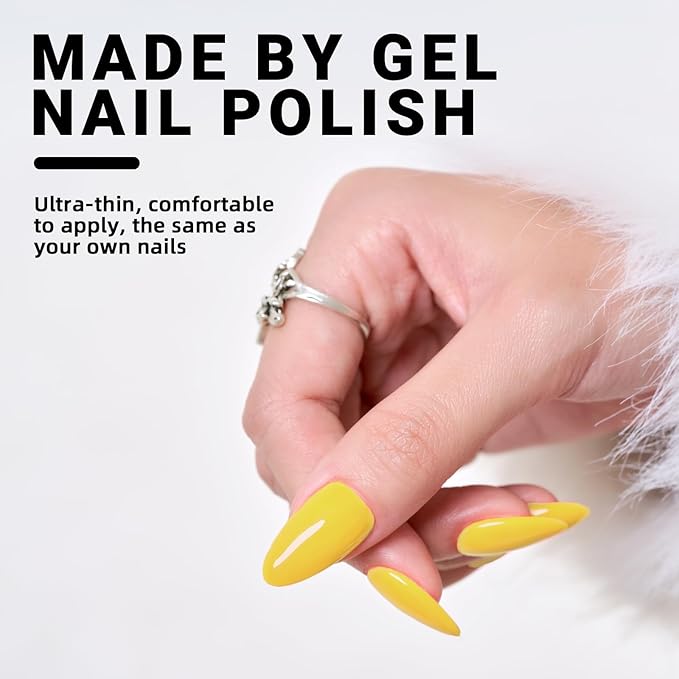 Wooyas Press on Nails Almond, Medium Jelly Yellow Handmade Gel Fake Nails, Neon Reusable Salon Perfect Glue on Nails in 12 Sizes - 24 Pcs Soft Gel Glue On Nails Kit for Women Girls