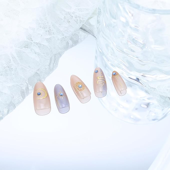 30pcs Purple Press on Nails Short Almond Fake Nails with 3D Snake Star Moon Designs Blue Diamond Glue on Nails Stars False Nails Bohemia Acrylic Nails Full Cover Stick on Nails for Women