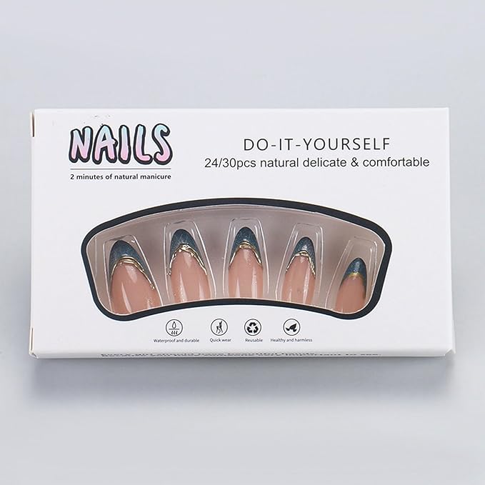 French Tip Press o Nails Medium Almond Fake Nails Blue Cat Eye False Nails Press ons with Gold Line Stripes Designs Glossy Glue on Nail for Women Manicure Deco 24Pcs