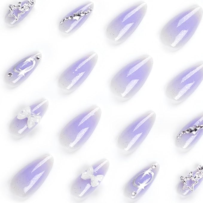 Hkanlre Long Almond Press on Nails Bow Fake Nails Tips Full Cover False Gradient Nails for Women and Girls 24PCS