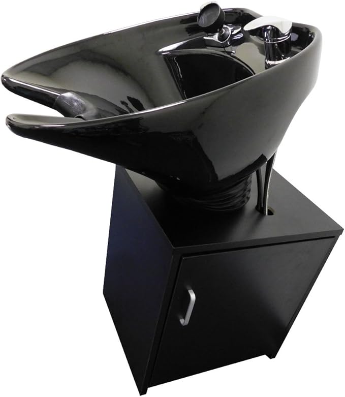 Tilting Shampoo Bowl Black Ceramic on Cabinet With Reclining Shampoo Chair TLC-B35-TC-216