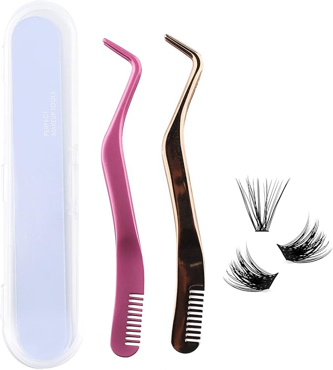 FADLASH Lash Tweezers for Individual & Cluster Lashes, 2pcs DIY Eyelash Extension Supplies, Lash Applicator Tool, Eyelash Tweezers for False Lash Extension, Pink & Rose Gold