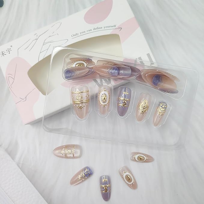 30Pcs Medium Almond Press on Nails Nude Blue Fake Nails 3D Gold Chrome Flower Star Moon False Nails Glitter Full Cover Glue on Nails Baroque Style Artificial Nails Luxury Stick on Nails for Women