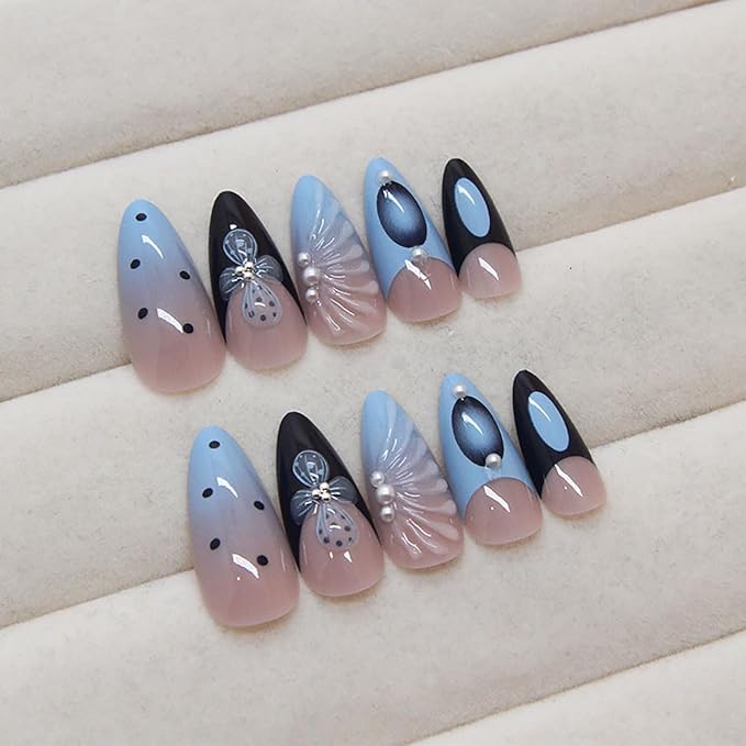 Flower Press on Nails Long Almond Fake Nails French Tips False Nails Blue Polka Dots 3D Floral Design Pearl Water Ripple Glue on Nails Full Cover Reusable Stick on Nail for Women Decor Nail