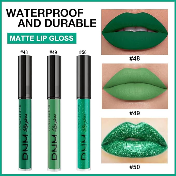 evpct 3Pcs Dark Pale Teal Forest Emerald Green Matte Glitter Shimmer Shiny Liquid Lipstick Lip Stain Sets for Women Matte+Lipstick Long Lasting Waterproof 24 hr Magic Lipstick 24 Hours original