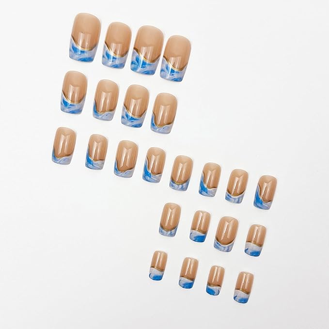 Gold Press on Nails Short Square Fake Nails Blue French Tip False Nails Wave Glossy Full Cover Acrylic Nails Summer Glue on Nail Artificial Cute Stick on Nail for Women Manicure 24Pcs