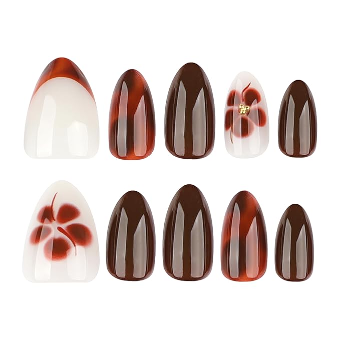 Deep Brown Almond Press On Nails Short, Fall Fake Nails with 3D Floral & Gradient Detail, Glossy Gel Finish Acrylic Nails, Fall Reusable Glue On Nails Kit for Women, 24Pcs