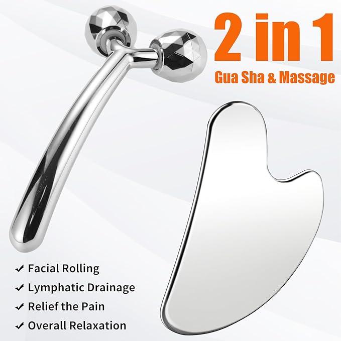 Face Massager, Metal Roller Gua Sha Facial Tools for Face Neck Eye Body Skin Care, Facial Roller Gifts for Her, Women and Girl 2Pcs