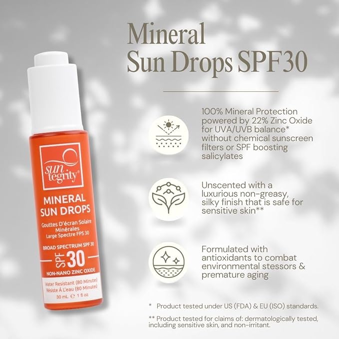 Suntegrity Mineral Sun Drops SPF 30 | Broad Spectrum Zinc Oxide Sunscreen for Face | Vegan, Reef-Safe, Non-Greasy Daily Sun Protection | Fragrance-Free, Lightweight Formula