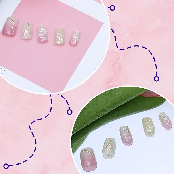 30pcs Pink Press on Nails Short Square Fake Nails with 3D Gold Star Moon Butterfly Designs Glitter Glue on Nails Cute False Nails Pink Full Cover Acrylic Nails Stick on Nails for Women