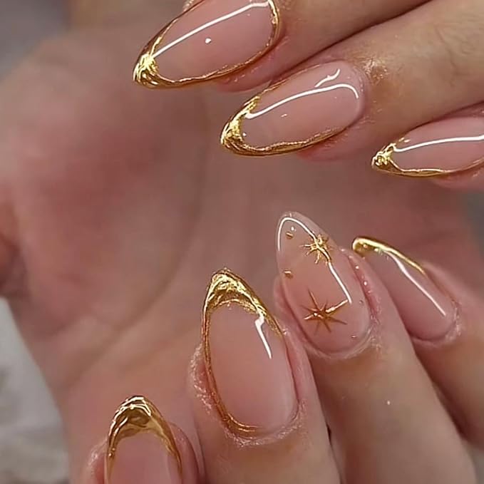 24Pcs Gold French Tip Press on Nails Almond Short Fake Nails Star Full Cover False Nails 3D Golden Stripe Glue on Nails Glossy Nude Acrylic Nails French Gold Artificial Nails Decoration for Women