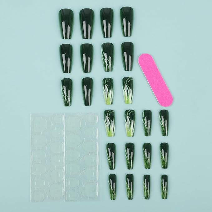 Long Press on Nails Coffin Fake Nails Green False Nails Ombre Artificial Nails Gradient Cute Nails Stick on Nails for Women 24pcs