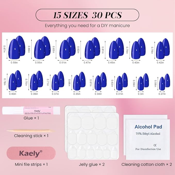 evpct Glossy Press on Nails Short Almond Short for Women, Royal Blue Fake Nail with Glue Salon Quality Reusable Stick on Nails In 15 Sizes 30Pcs Full Cover False Nail Soft Gel Set Kit for Gift, 25