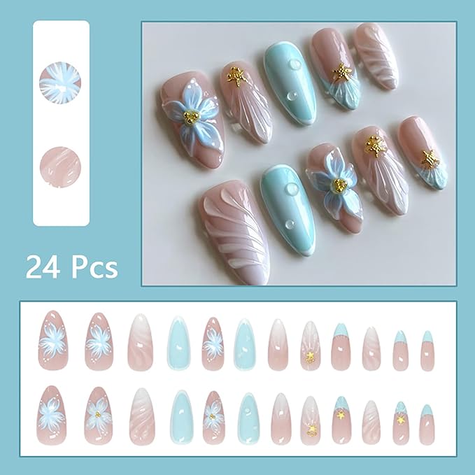 24Pcs Blue Summer Press on Nails Medium Almond Fake Nails with Gold Beads Starfish Glue on Nails 3D Flower Acrylic Nails Ocean Beach False Nails French Tip Stick on Nails for Women Nail Art Designs