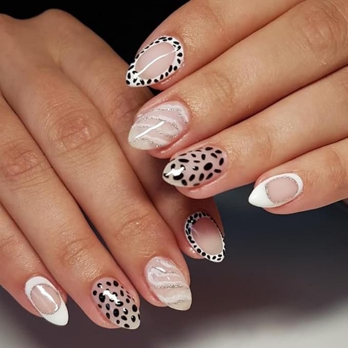 Almond Press on Nails Polka Dots Fake Nails woth Stripe Design Black White Glue on Nails Glossy Full Cover Artificial Acrylic Short Stick on Nail for Women Girls Manicure 24Pcs