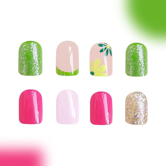 48Pcs Short Press on Nails Square Fake Nails with Sparkling Glitter Floral Design Green Pink French Tip Press ons Kit Flower Stick on Nails Spring Summer Nail Art Decorations for Women Daily Wear