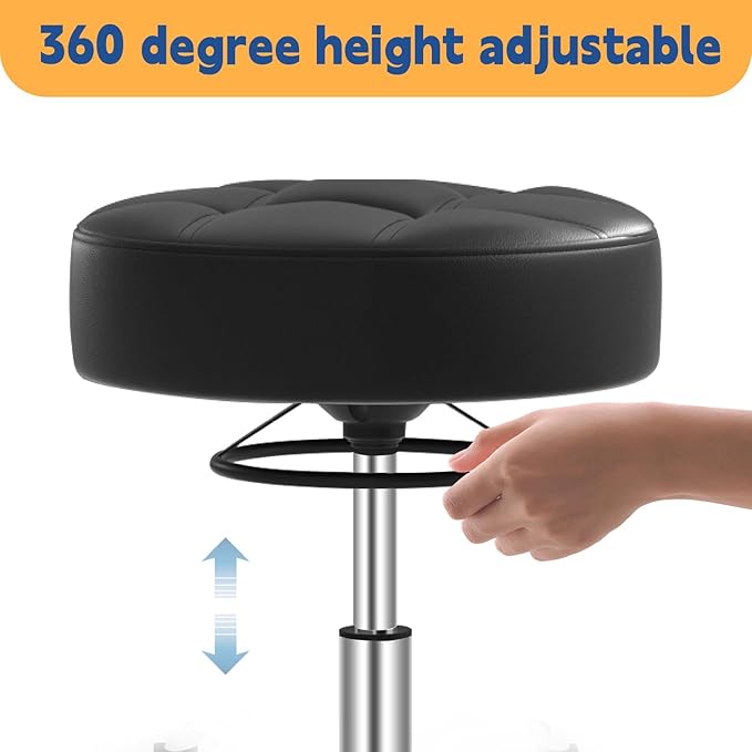 YEEZEE Heavy Duty 400lb Rolling Stool: Super Soft Leather Seat Cushion, 360 Swivel, Height Adjustable, No Squeak, No Tip Over, Salon & Spa Stool (Black)