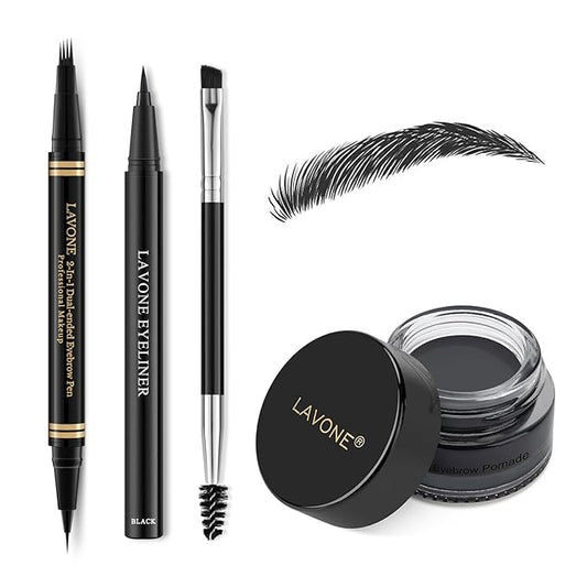 Makeup Kit with 4 Tip Waterproof Microblading Eyebrow Pencil, Eyeliner, Pomade and Dual-ended Eyebrow Brush - Black
