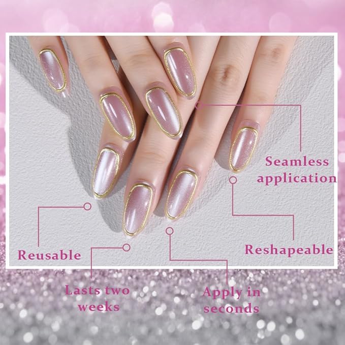 3D Gold Line French Tips Press On Nails Medium Almond, Gold French Tip Cat Eye Press-On Nails, Designer Reusable Acrylic Fake Nail With Glue On Nails, Nails Press Ons False Nails For Women