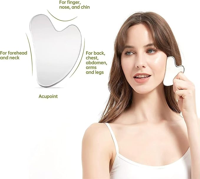 Stainless Steel Gua Sha Facial Tool - Facial Gua Sha Tool, Facial Contouring Tool, Jawline Contourer, Double Chin Reducer, Body Gua Sha Tool, Lymphatic Drainage Massager, Facial Skin Care - Silver