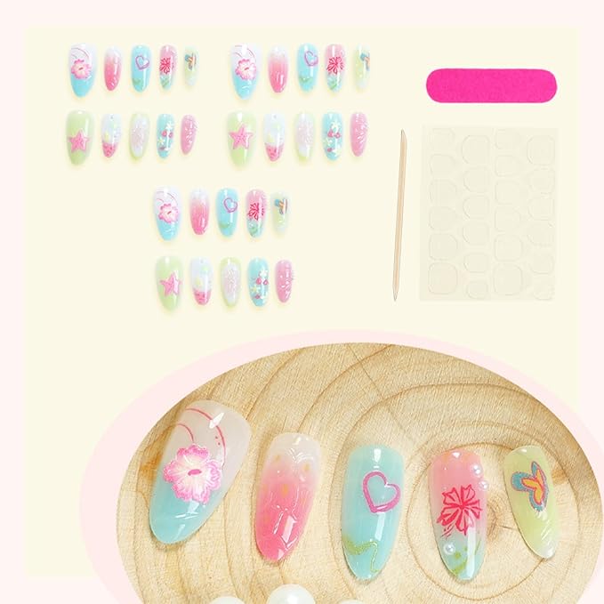 30pcs Summer Press on Nails Medium Almond Fake Nails with 3D Flower Starfish Designs Summer Beach False Nails Pearl Glue on Nails Handmade Full Cover Acrylic Nails Stick on Nails for Women