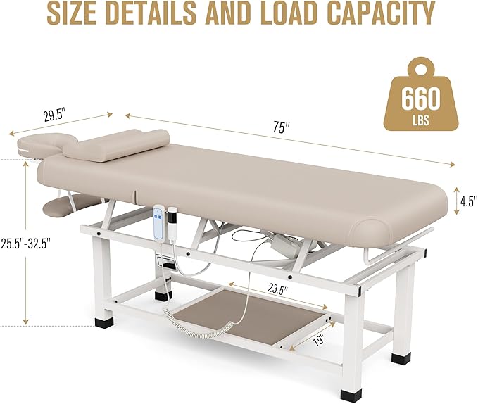 pouseayar Heating Function Heavy Duty Electric Stationary Massage Table with Backrest Adjustable and Storage Space for Treatment/Medical Spa/Facial/Beauty/Massage Bed - 30 x 75 - Beige Gray