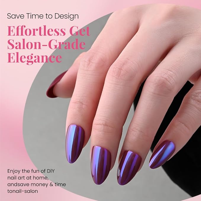 evpct Dark Purple Press on Nails Almond Short, Dark Purple Chrome Glazed Glossy Short Almond Soft Gel Press On Nails with Nail Glue for Women Gift, 15 Sizes 30Pcs Reusable Stick Acrylic Fake Nail Kit