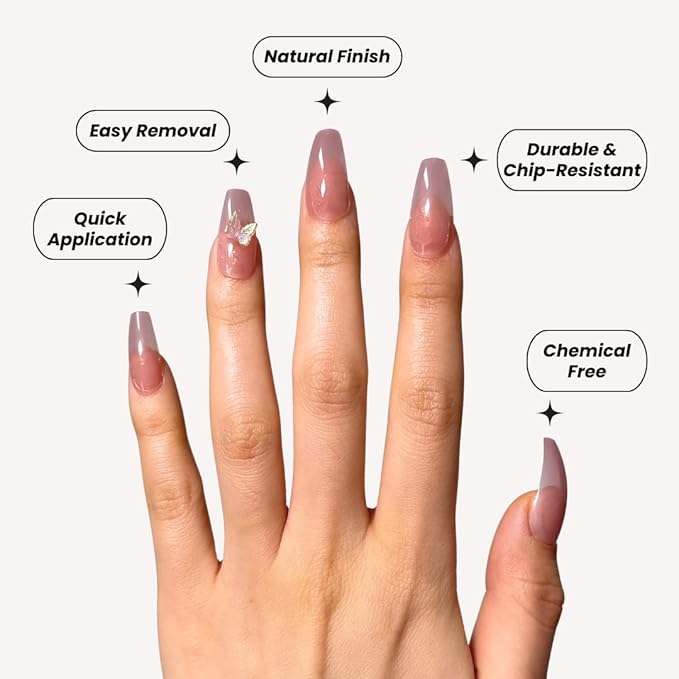 Perfect Look Press On Nails - Rose Wings | No Glue One-Day Glossy Pink Nude Coffin Nails with 3D Butterfly Accents - 24 Pcs Nail Kit with Adhesive Tabs