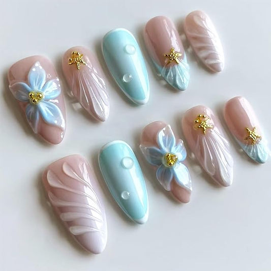 24pcs Summer Press on Nails Medium Almond Fake Nails with 3D Blue Flower Designs Gold Starfish Bead Glue on Nails French Tip False Nails Summer Beach Acrylic Nails Full Cover Stick on Nails for Women