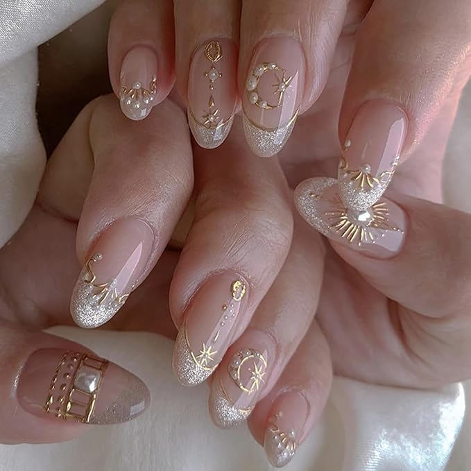 French Nude Press On Nails Almond, Short Fake Nails with 3D Gold Moon and Star Design, Glitter French Tip and Pearl Accents, Glossy Reusable Glue On Nails Kit for Women, 24Pcs