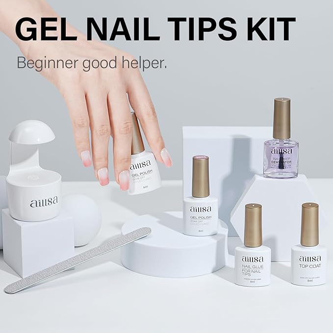AILLSA Gel Nail Kit Short Square Nail Tips 240pcs with 2 In 1 Nail Glue Base Coat and Nail Dehydrator, Gel Manicure Full Nail Kit with Nail Lamp Top Coat for Starters Home Salon