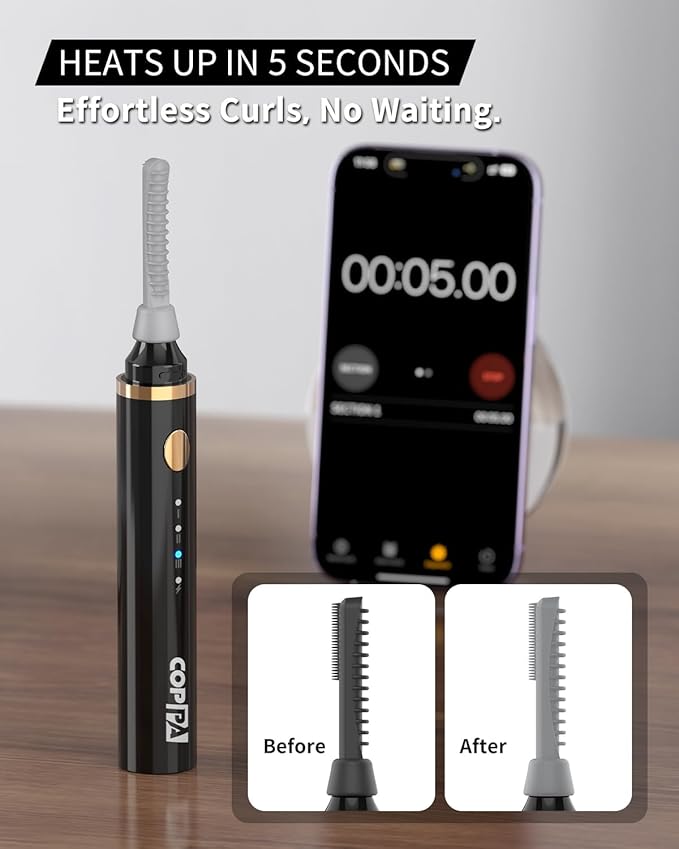 COPPA Electric Lash Curler, LP-1 Lipstick Type 3-in-1 Heated Eyelash Curler with 3 Brush Heads 3 Curling Modes and 3 Temp & 5s Quick Heat-up, Perfect for Beginners and Makeup Pros, Black