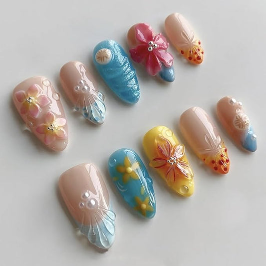 30Pcs Summer Beach Press on Nails Medium Almond Flower Fake Nails 3D Flowers Shell Rhinestones Designs Glitter Full Cover Stick on Nails French Tip False Nails for Women Girls Acrylic Manicure DIY