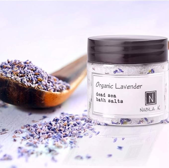Organic Lavender Bath Salts by Nabila K - Dead Sea Salt & Epsom Salt Scrub & Soak - Exfoliates & Hydrates Skin, Botanical Essential Oils - Bubble Bath Accessories for All Skins Types, 2 oz