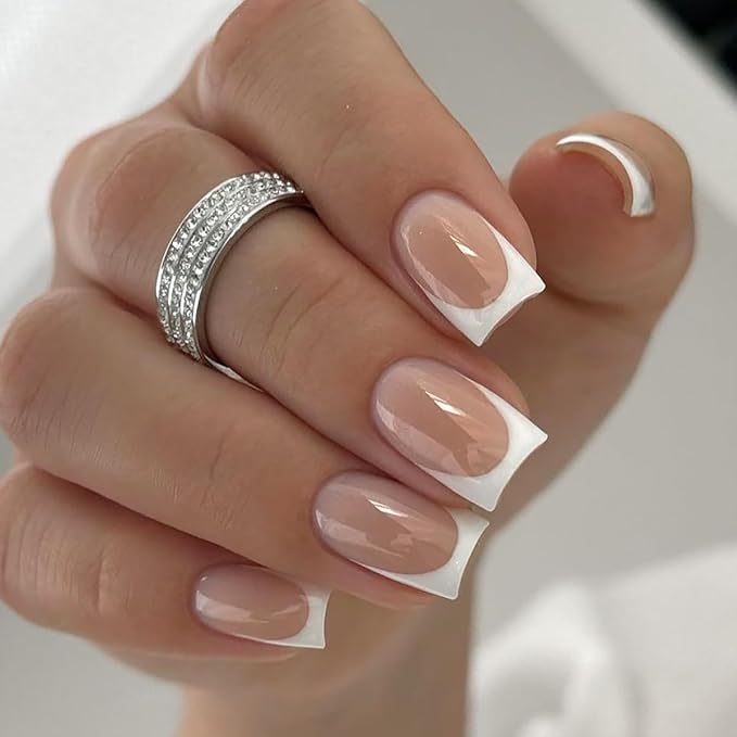 Chrome French Tips Press On Nails Medium Length Square, White French Sticke on Nails, Designer Reusable Acrylic Nails Press Ons, Fake Nails With Glue On Nails, Daily Wea False Nails For Women