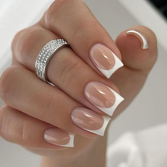 Chrome French Tips Press On Nails Medium Length Square, White French Sticke on Nails, Designer Reusable Acrylic Nails Press Ons, Fake Nails With Glue On Nails, Daily Wea False Nails For Women