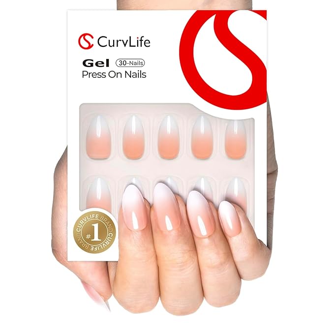 Curvlife Soft Gel Press on Nails Gel Fake Nails with French Almond Design Full Cover False Nails for Women Reusable Nail Kit with Nail Glue Adhesive Tabs Nail File