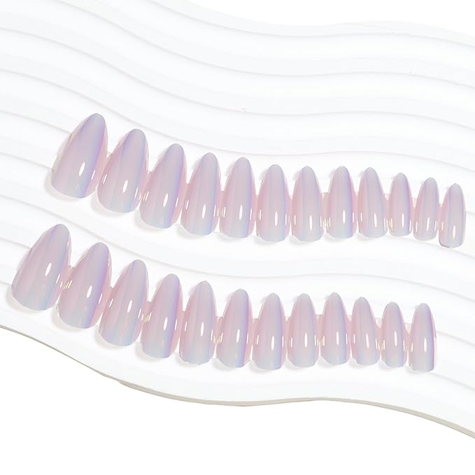 Medium Press on Nails Aurora Almond Fake Nails Chrome False Nails with Soft Gel Glue on Nails Purple Pink Sparkly Acrylic Nails Full Cover Glossy Nails Decorations