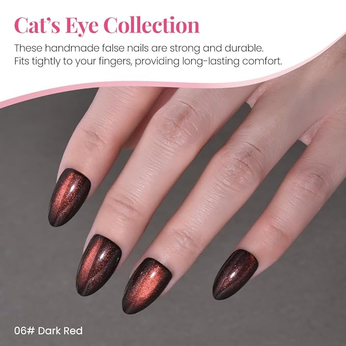 Cat Eye Press on Nails Short Almond - Dark Cherry Red Reddish Brown Shimmer Glossy Press on Nails Women Girls Gift, Soft Gel Press Glue On Nail with Glue Full Cover Reusable Acrylic Fake Nail Kit