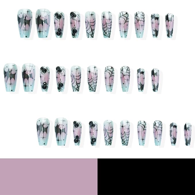 30pcs Halloween Press on Nails Medium Square Spider Web Fake Nails with Black Spider Bat Designs Blue False Nails Halloween Acrylic Nails Kit Full Cover Stick on Nail Tips for Women Nail Decoration