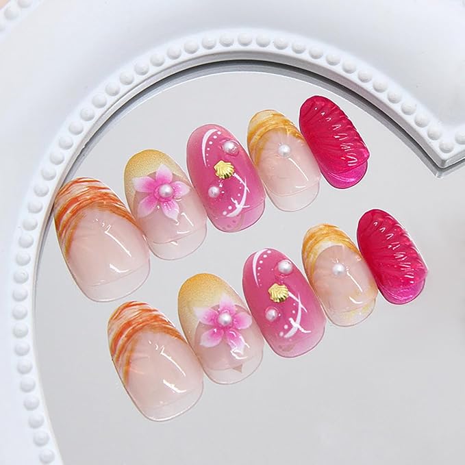 24Pcs Pink Flower Press on Nails Short Almond Fake Nails 3D Floral with Gold Shell Pearl Designs Glitter Glue on Nail Full Cover Summer Beach False Nails Ocean Stick on Nail for Women Acrylic