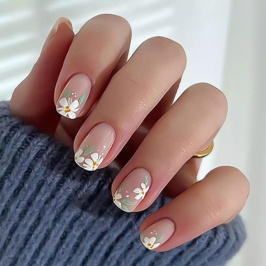 Spring Press on Nails, Pink French Manicure Fake Nails with White Daisy Floral Designs, Short Square Shape Artificial Nails, Cute Stick on Nails for Women Girls, 24 Pieces