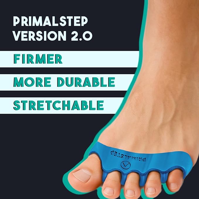 PrimalStep 2.0 FIRM EDITION Toe Separators - Extra Firm, Stretchy & Flexible - Thicker & More Durable - Dr. Recommended - Loved by Those with Bunions or Plantar Fasciitis - Toe Spacers for Athletic Mobility (Blue, S/M)