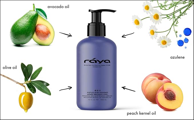 RAYA Azulen Hand and Body Oil 16 oz (451) | Softening and Natural Blend of Oils for Hands, Arms, Legs, and Body | Great as a Body Massage Oil | Great for All Skin