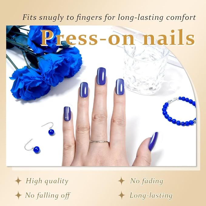 Blue Cat Eye Press on Nails Medium Square, Medium Square Press Glue on Nails Chrome for Women Gift, Blue Holographic Glitter Glossy Reusable Soft Gel Acrylic Fake Nail with Designs Cateye Effect