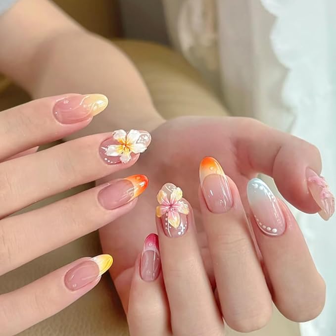 24Pcs 3D Flower Handmade Press on Nails Almond Fake Nails Colorful French Tip False Nails with Flower Charms Bright Colors Short Nails Press ons Acrylic Nail Tips for Women DIY Flowers Nail Art