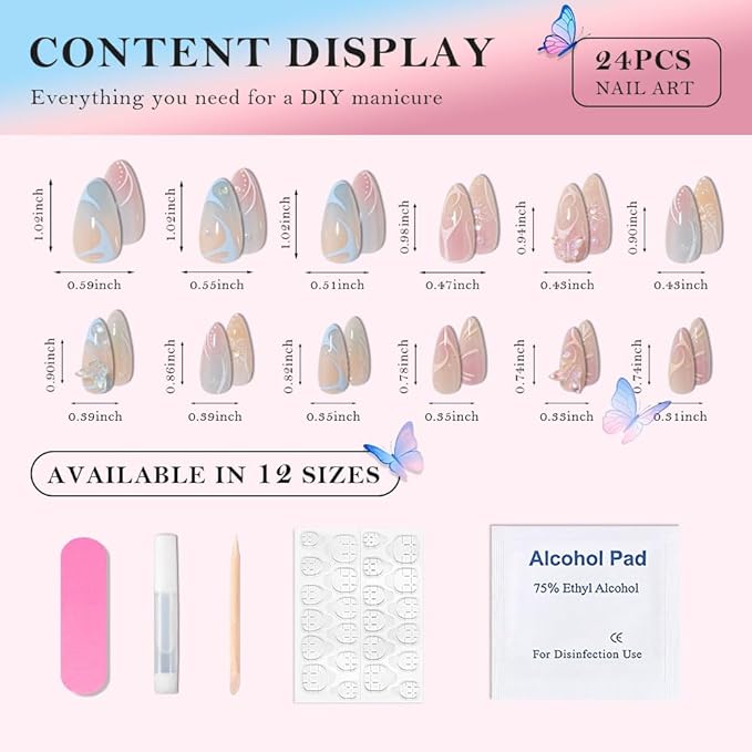 Handmade 3D Flower Butterfly Blue Pink Press On Nails Almond Medium, Cute Nails Press On Floral Pearl Designer Reusable Acrylic Fake Nails With Cute Charms Glue On Nails, Nails For Women