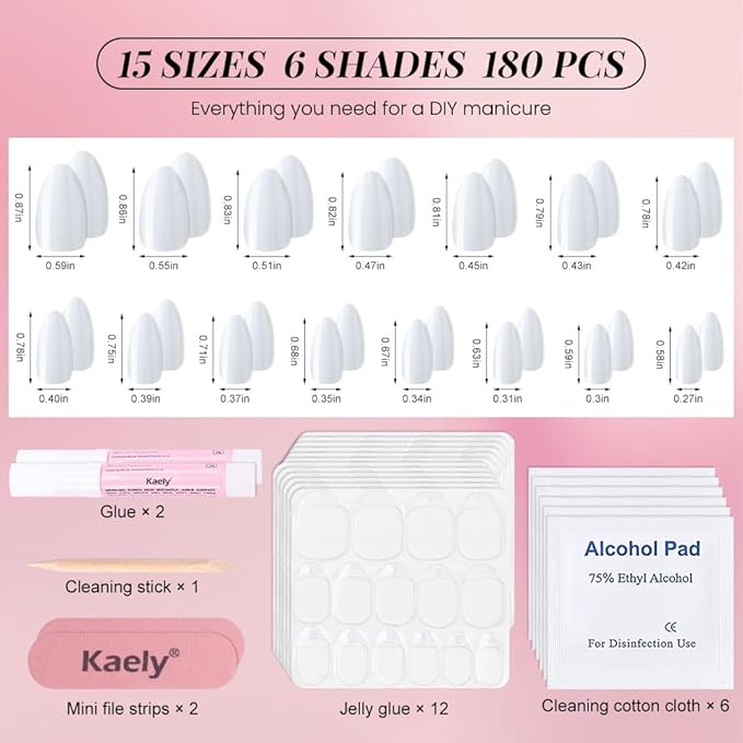 evpct Press on Nails Almond Short - White Light Violet Nude Pink Dark Ruby Red Brown Glitter Shimmer Press on Nails, Soft Gel Press Glue On Nail with Nail Glue, 180Pcs Reusable Acrylic Fake Nails Kit