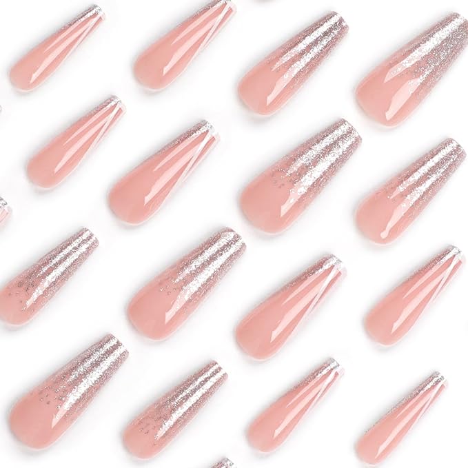 Balleria Press on Nails Silver Glitter French Tip Fake Nails | Long Coffin Glossy False Nails Full Cover Glue on Nails for Women 24PCS