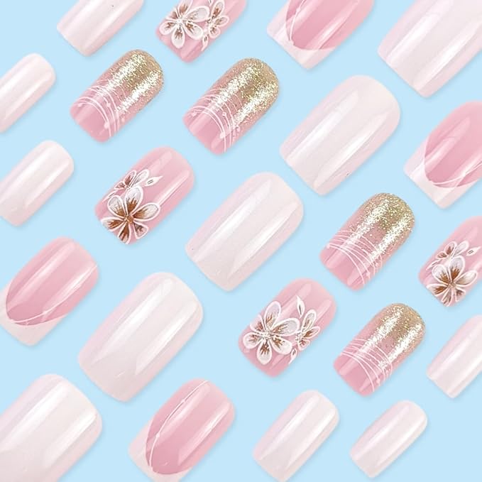 White French Tip Press on Nails Medium Square Fake Nails Glossy Pink Acrylic Full Cover Flower Glue on Nails with Glitter Designs French False Nails Stick on Nails Artificial Nails for Women Girls